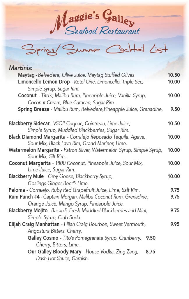 Menu Seafood Restaurant Waynesville NC  MG Drink Dessert Cards1024 1 Maggies Galley