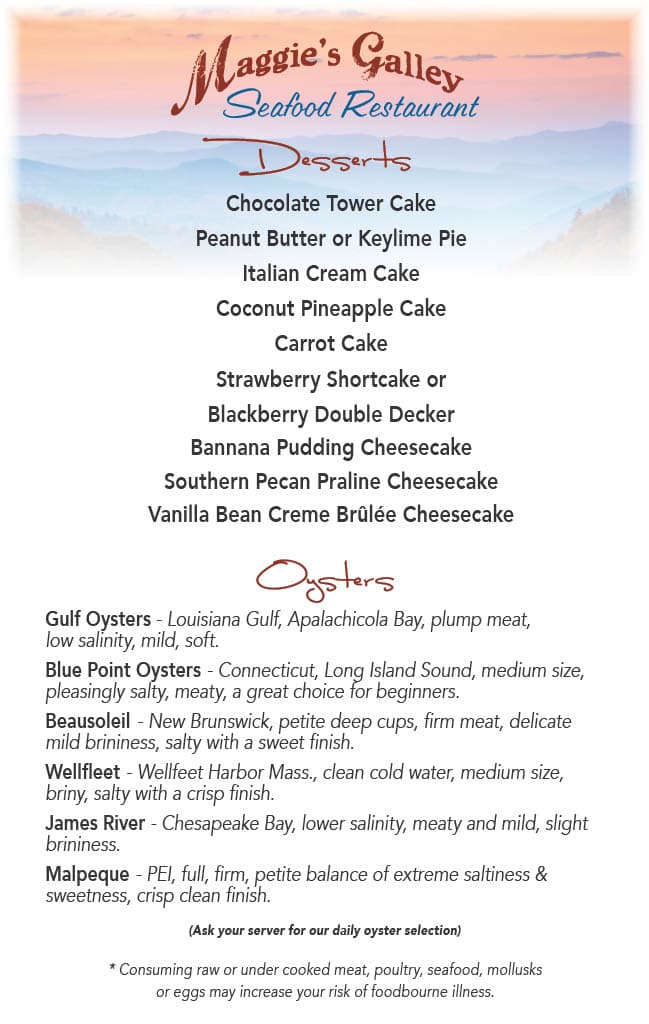 Menu Seafood Restaurant Waynesville NC  MG Drink Dessert Cards1024 4 Maggies Galley