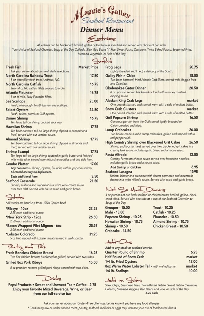 Menu Seafood Restaurant Waynesville NC MG Dinner Menu page 2 1 Maggies Galley Menu Seafood Restaurant Waynesville NC MG Dinner Menu page 2 1 Maggies Galley