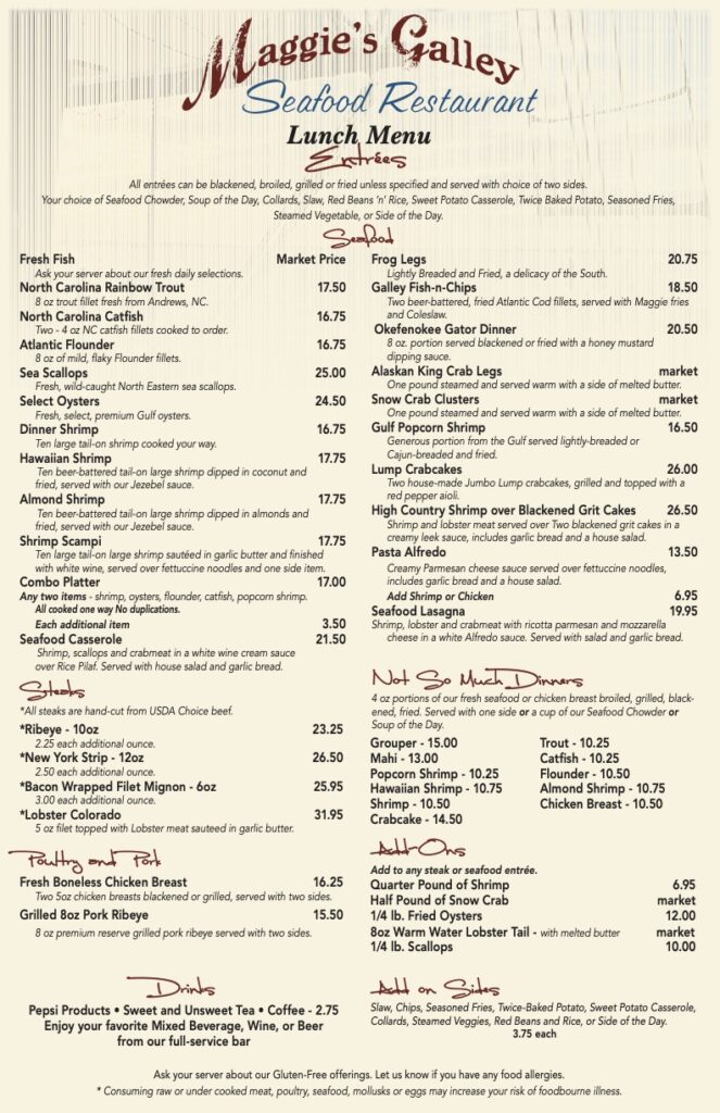 Menu Seafood Restaurant Waynesville NC MG Lunch Menu page 2 Maggies Galley Menu Seafood Restaurant Waynesville NC MG Lunch Menu page 2 Maggies Galley